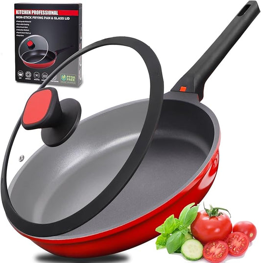 DIIG Nonstick Frying Pan Skillet with Silicone Lid, 11.5 Inch Oven Safe Chef Pan for Cooking Saute Omelet Sauce Pan Cast Aluminum Red Cookware with Stay Cool Handle, Induction All Stoves Compatible