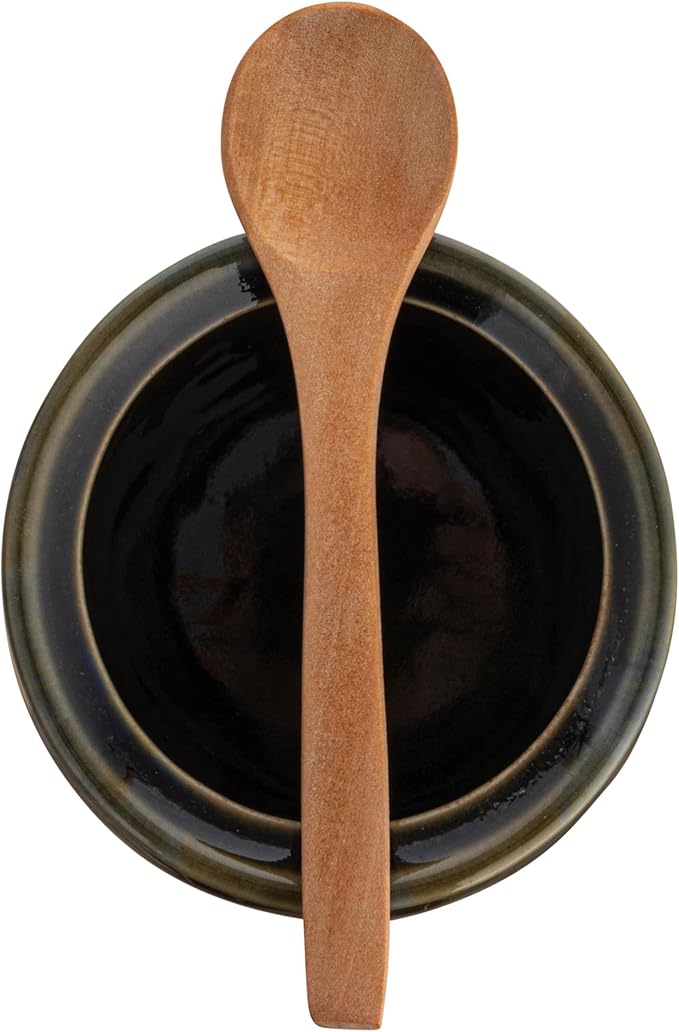 Creative Co-Op Stoneware Sugar Pot with Lid and Wood Spoon, Deep Green Glaze