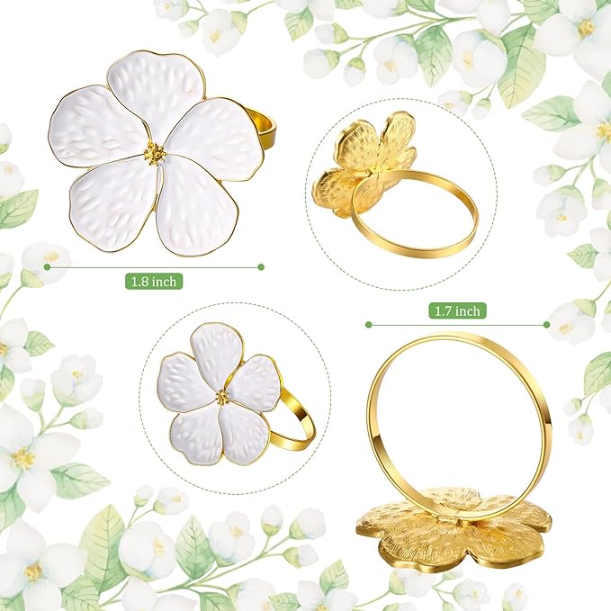 Patelai 6 Pcs White Flower Napkin Rings Bulk, Holiday Gold Cloth Napkin Rings Floral Serviette Buckles Party Table Decor for Baby Shower Fall Thanksgiving Wedding Banquet Dinner Daily Use