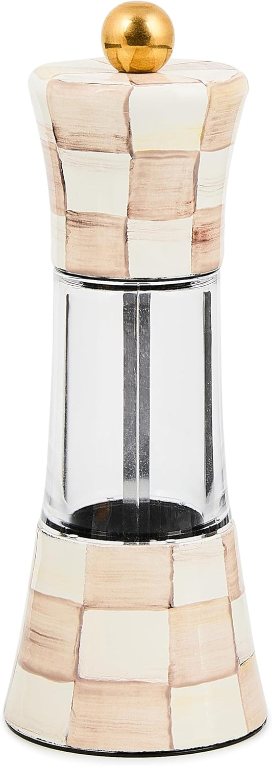 MACKENZIE-CHILDS Enamel Grinder, Refillable Manual Salt Grinder and Pepper Grinder, Brown-and-White Mocha Check