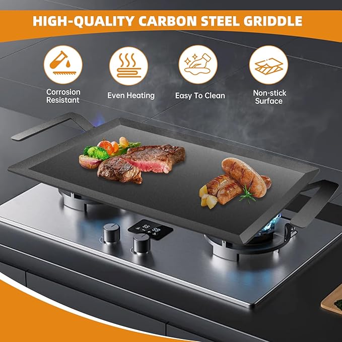 Large Carbon Steel Griddle Pan, Double Burner Flat Top Grill Plate for Stove Top, Gas Grill, Induction Cooktop and Oven, with Grill Press and Heat-Resistant Gloves, Pre-Seasoned Cooking Surface