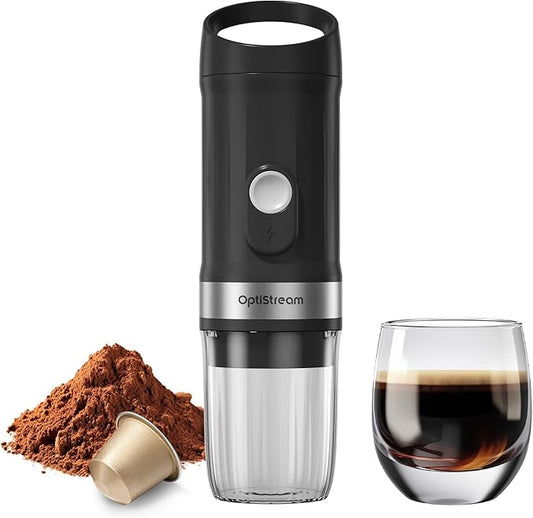 Optistream Portable Electric Espresso Machine, Travel Coffee Maker for Camping, Car Coffee Maker Self-Heating with USB-C, With Ground Coffee & NS Capsule for RV, Hiking, Office (Black)