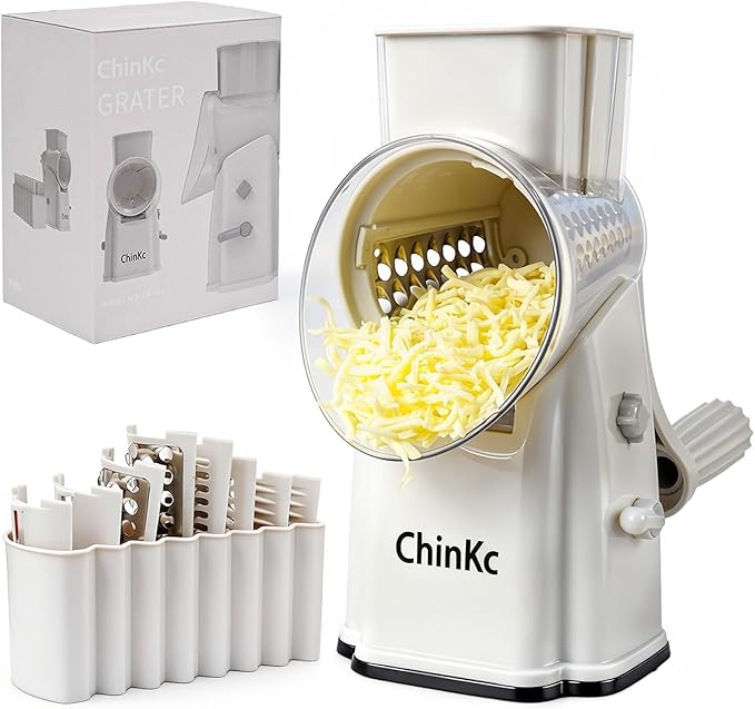 Upgrade Rotary Cheese Grater Shredder with Handle, Strong Suction Base, Multi-purpose Rotary Grater Slicer with 5 Interchangeable Blades for Ice, Vegetables, Fruit, Nuts with Blade Storage Box