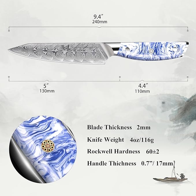 SHANGDAO 5 Inch Kitchen Utility Knife Razor Sharp Fruit and Vegetable Peeling Knives, Forged Damascus Steel with Blue and White Resin Handle - Full Tang - HUA Series