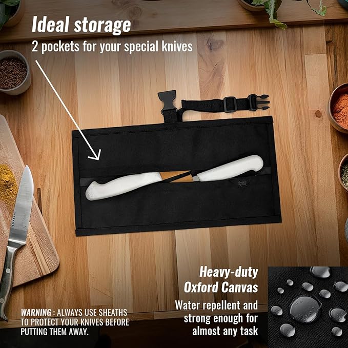 Under NY Sky Knife Roll Case - 2 Slots - Heavy Duty Oxford Canvas Pouch - Leather Reinforced - Portable Bag for Cooking Tools, Utensils, Cutlery Knives, Brushes - Chefs, Kitchen, Travel, Gift - Black