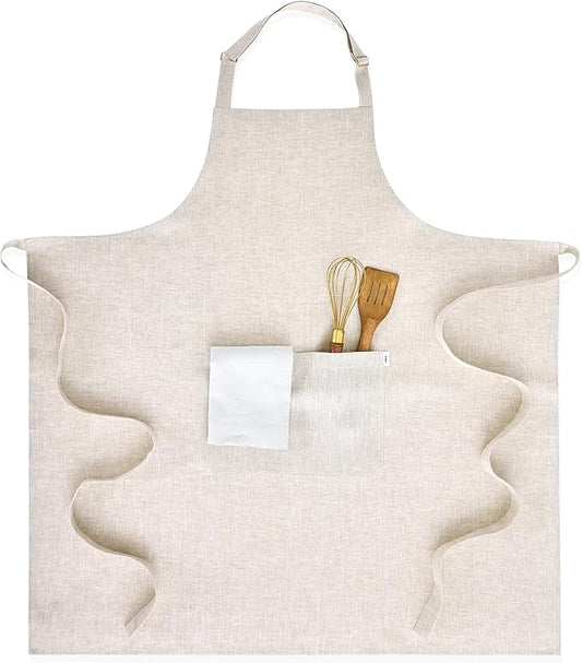 Solino Home 100% Pure Linen Apron for Women & Men - Full Midi Bib Apron Adjustable Neck Strap with Center Pockets for Kitchen