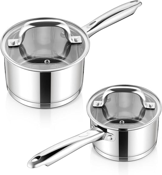 E-far Stainless Steel Saucepan with Lid Set - 1QT & 2QT, Triply Sauce Pan Induction Pot for Cooking, Boiling, Compatible with All Stoves, Visible Lid, Healthy & Non Toxic, Oven & Dishwasher Safe