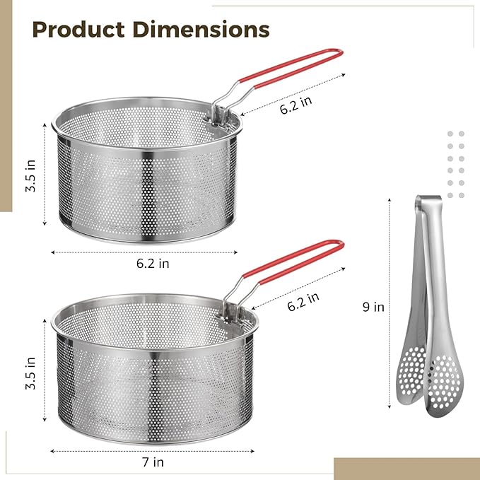 Stainless Steel Pasta Strainer Set with Food Clip, Include 7 in & 6.2 in Deep Fryer Basket, Removable Handle Strainer for Washing Draining Deep-frying Boiling Steaming