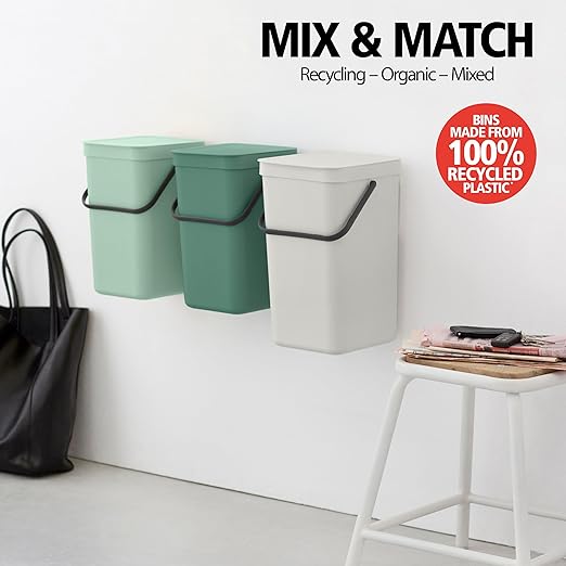 Brabantia Sort & Go Kitchen Countertop Food Scraps Compost Bin | XS / 1.6 Gal / 6L | Jade Green | Removable Stay-Open Lid, Carry Handle, Easy-Clean Recycling Box | Wall-Mounting Bracket Included