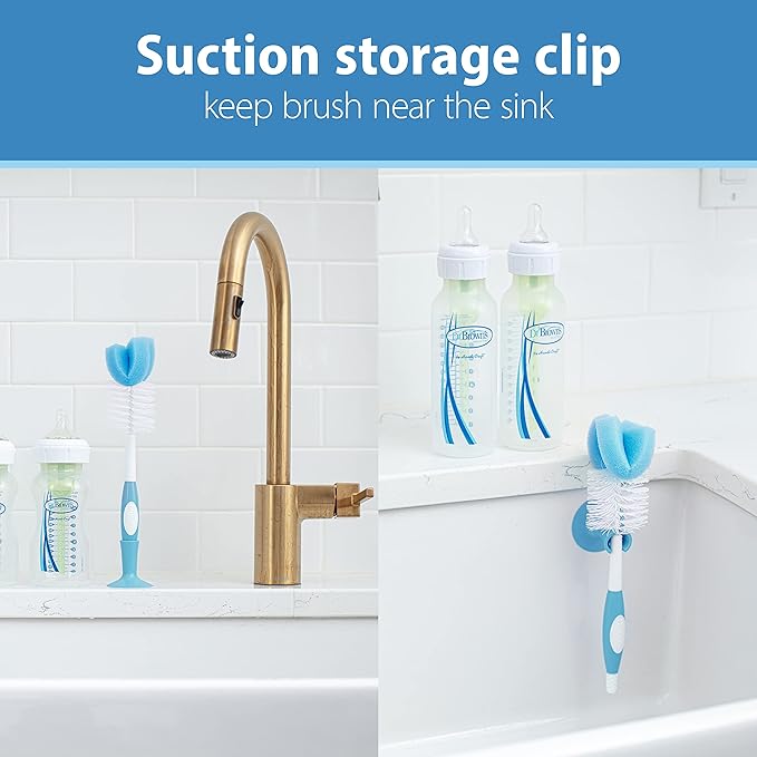 Dr. Brown's Reusable Sponge Baby Bottle Cleaning Brush with Suction Cup Stand, Scrubber and Nipple Cleaner, BPA-Free, Blue, 1-Pack