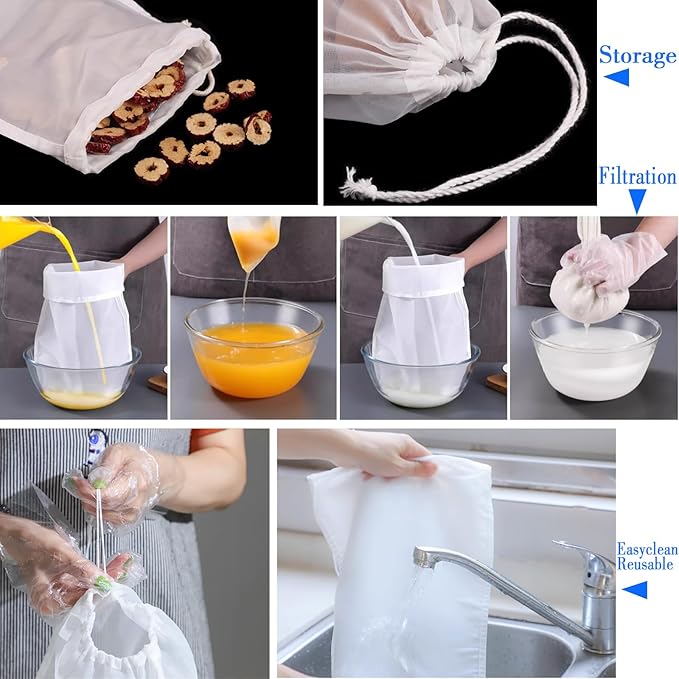 4PCS Cloths Strainer,Food Grade Nylon Nut Bag Strainer,Reusable Cold Brew Coffee Cheese Cloths Strainer for Straining Fruit Juice,Nut Milk,Doufu,Coffee,Soup Etc (Bag strainer)