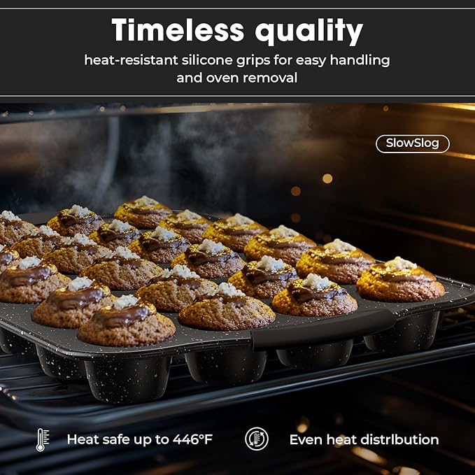 Slow Slog 11-Piece Nonstick Baking Pan Set, Stackable Bakeware Sets, Oven Pans for Baking with Silicone Handles, Includes Cookie Sheet, Cake Pans, Loaf Pan, Pizza Pan, Muffin Pan, Black