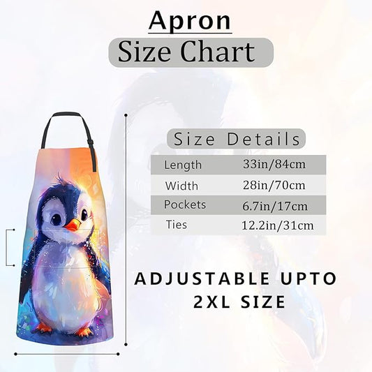 Penguin Apron Vibrant Artistic Cartoon Illustration Aprons Waterproof Oxford Polyester Adjustable Pockets Design for Cooking, Crafting, Garden Decor, for Adults, 28x33 Inch