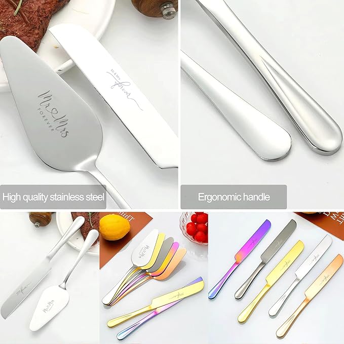 VARLKA Wedding Cake Knife and Server Set, Mr and Mrs Champagne Flutes and Cake Cutting Set for Bridal Shower Gifts Wedding Glasses for Bride and Groom