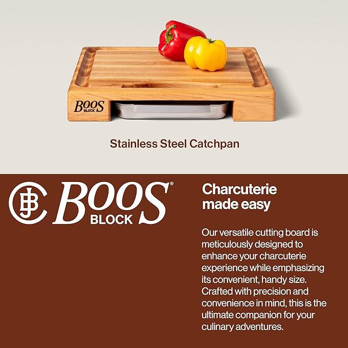 John Boos Newton Prep Master Series Rectangular Wooden Maple Cutting Board 15”x14” – 2.25” Thick, 14-lb Reversible Butcher Block with Catch Pan, Sloped Juice Groove & Edge-Grain – Made in the USA