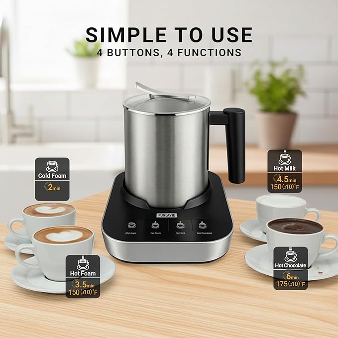FUNLAVIE 4-in-1 Electric Milk Frother and Steamer, 400ml(13.5oz) Stainless Steel Pitcher with Auto Shut-Off, Hot & Cold Foam Maker and Milk Warmer for Lattes, Cappuccinos, Macchiato, Dishwasher Safe