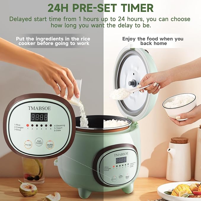 TMABSOE Rice Cooker 6 Cup (Cooked), Small Rice Cooker with 6 Cooking modes,24-Hr Delay Timer and Auto Keep Warm Function, Non-Stick Inner Pot,1.6L Suitable For 1-3 People