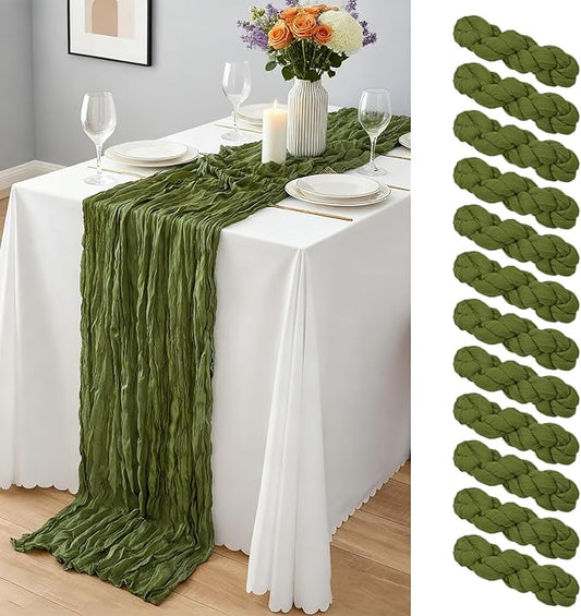 12 Pcs Olive Green Cheesecloth Table Runner 10Ft, Gauze Table Runners 21.5 x 120 inch,Semi Sheer Cheese Cloth Fabric Runner Bulk for Wedding,Party,Baby Shower,Bridal Shower