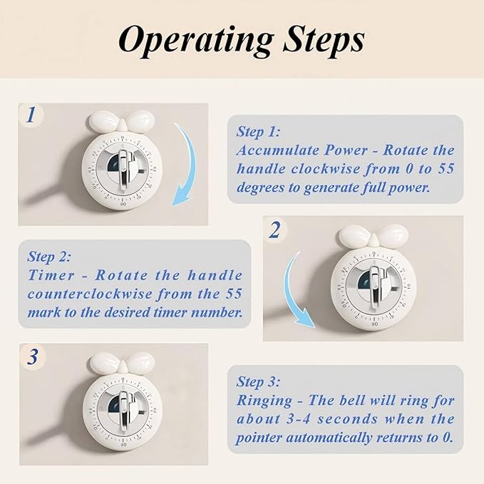 Cooking Timers for Kitchen, Mechanical Kitchen Timer for Cooking Cute with Loud Alarm, No Batteries Required, Magnetic Back of Cute Kitchen Timer for Classroom, Home, Study and Cooking(Milky White)