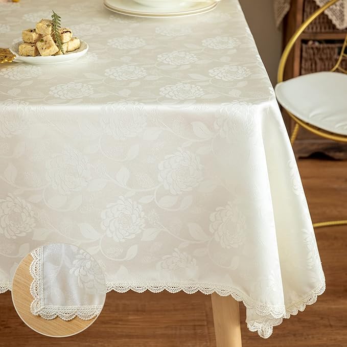 Textured Tablecloth Waterproof Spillproof Lace Trim Rectangle Jacquard Fabric Table Cloth, Kitchen Dinning Tabletop Decoration, Round Table Cover for Outdoor Use 60x102 Inch, Ivory White