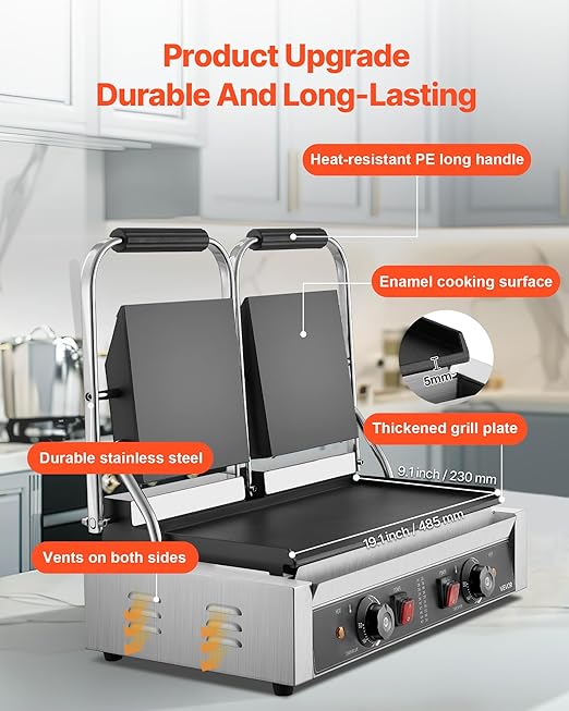 VEVOR Commercial Panini Grill, 3600W Electric Sandwich Panini Maker, Stainless Steel Double Sandwichs Press with Handle and Temp Control, 19x9 in Full Flat Enamel Plate, for Hamburger Steak Bacon