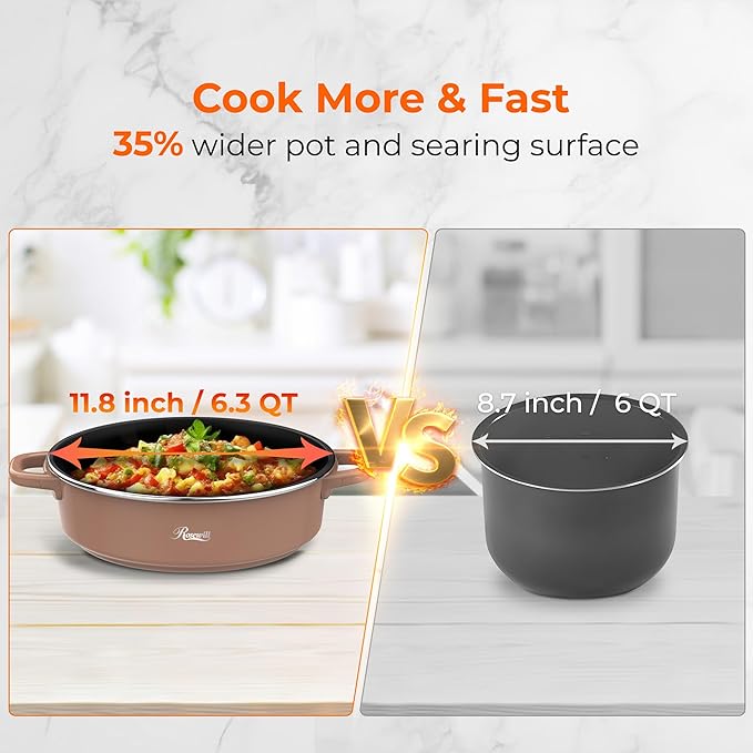 Rosewill 12.7 QT Electric Hot Pot Slow Cooker with Multiple Functions, Split Design with 11.8 inch Wider Cooking Pot and SUS Steam Basket, 1600W High Power, Includes Utensils - Mocha