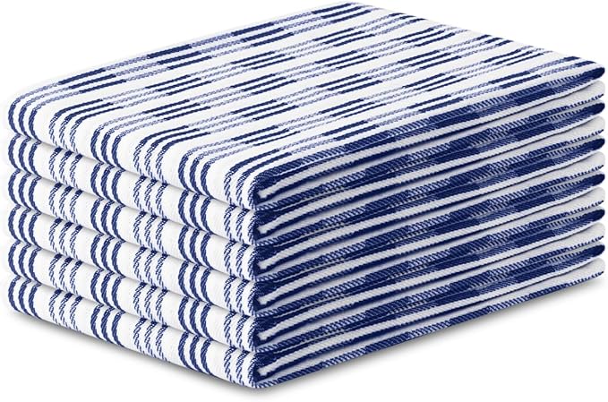 Kitchen Towel Set of 6-100% Cotton Quick-Drying & Absorbent Dish Cloths - 18x28 Inch Farmhouse Tea Towels with Blue Stripes, Twill Weave