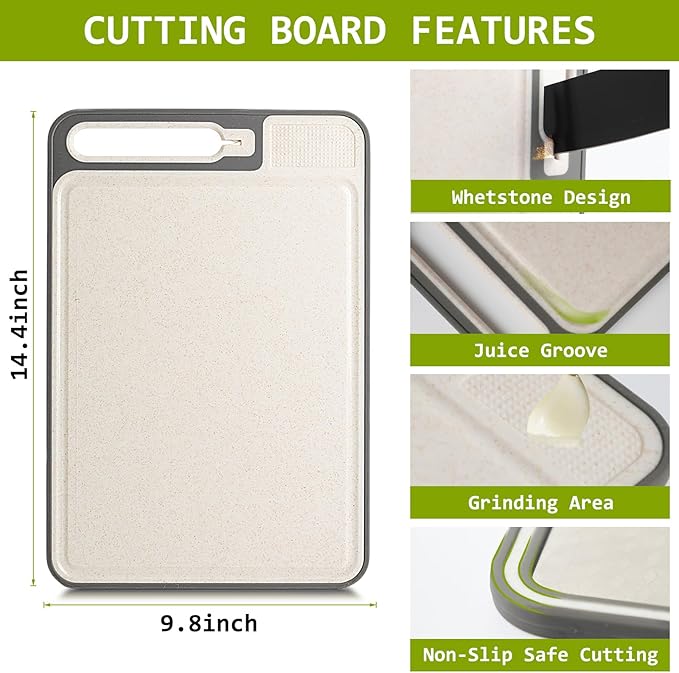 NTIERA 3-in-1 Stainless Steel Cutting Board for Kitchen, Double Sided, Cutting Board,Scratch-Resistant Mesh Design with Juice Groove,Easy Clean,Wheat Straw PP Large Chopping Board 15 * 11IN