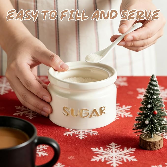 Sugar Bowl with Lid and Spoon, 10oz Ceramic Sugar Container Jar - Modern Farmhouse Style for Coffee Bar, Tea Station, Kitchen Countertop & Dining Table Decor, White