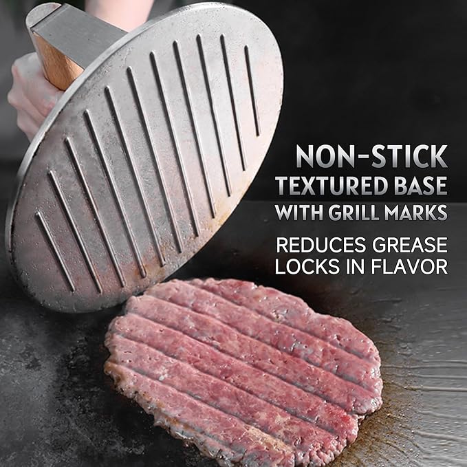 Professional Stainless Steel Smash Burger Press with Wood Handle,Heavy-Duty 8.5 Inch Burger Smasher (3.64 lb) - 6mm Thick Base for Hamburgers, Steak & Bacon