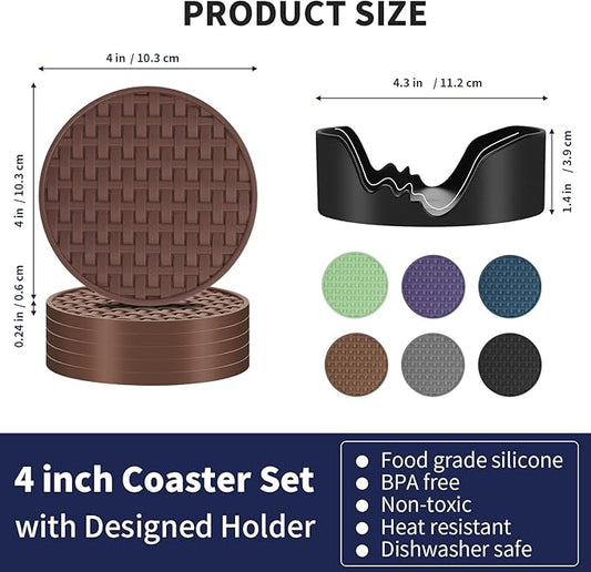 Brown Round Silicone Coasters with Holder, Heat Resistant & Waterproof Cup Mats, 4 Inches Non-Slip Decorative Coster Set 6 Packs for Home, Office, Kitchen, Coffee Bar Table