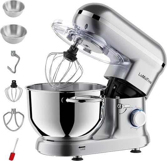LoMoTive Stand Mixer 6QT Dough Maker - 660W Dough Mixer 6-Speed Electric Mixer with Egg Whisk Dough Hook Flat Beater for Home Kitchen SILVER