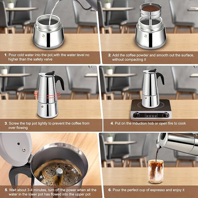 DITOSH 2 Cup Stovetop Espresso Maker Stainless Steel Moka Pot Stove Top Percolator Italian Coffee Makers Capable Mocha Greca Machine Cafe Classic Induction Cookers for Home and Camping 100ml 3.3oz
