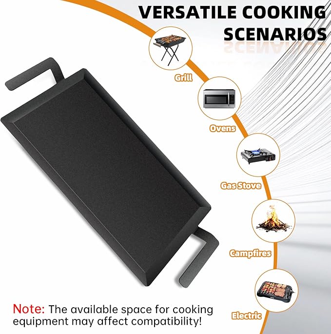Large Carbon Steel Griddle Pan, Double Burner Flat Top Grill Plate for Stove Top, Gas Grill, Induction Cooktop and Oven, with Grill Press and Heat-Resistant Gloves, Pre-Seasoned Cooking Surface