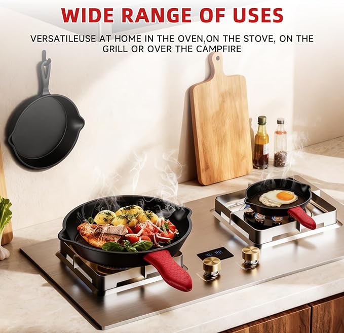 Cast Iron Skillet 3 piece set, cookware set 6, 8, 10 Inches, for frying, saute, &more, easy use in the oven, stove, grill, or campfire, black, with silicone heat-resistant cover