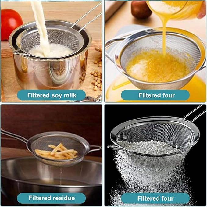 3Pcs Stainless Steel Fine Mesh Strainer Set (Small/Medium/Large) – Metal Sieve Sifter with Handle, Ideal for Rice/Juice/Quinoa/Flour, Kitchen Baking & Straining Tools
