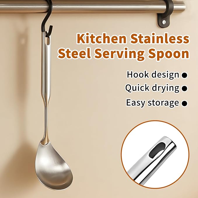 TBWHL Premium Brushed 304 Stainless Steel Large Serving Spoon, 12.5 Inch Kitchen Cooking Spoon with Ergonomic Handle, Good Grip Ergonomic Handle, Silver
