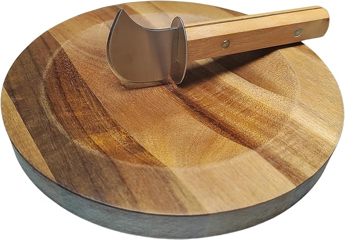 Round Mezzaluna Cutting Board 8" Charcuterie Gourmet Serving Board with One Handed Rocker Knife for Steak,Cheese,Small Veggie n Fruits