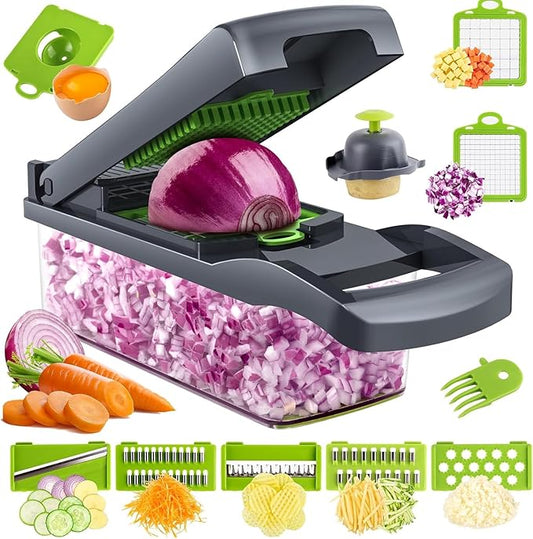 Multifunctional Vegetable Chopper & Slicer - 13 in 1 Food Chopper With 8 Blades, Dicer, Cutter for Onions, Carrots, Garlic & More - Container Included