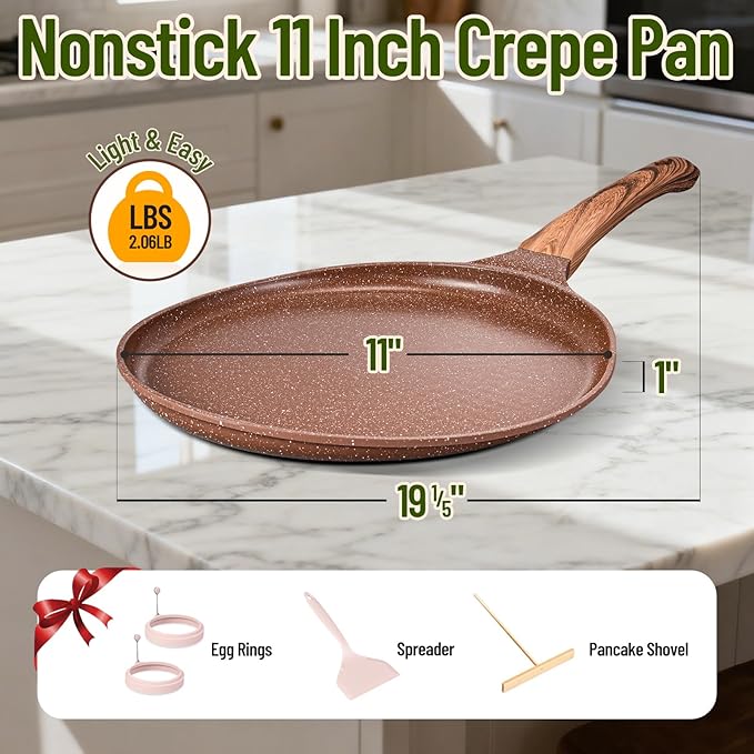 AOSION Crepe Pan Nonstick 11 Inch,Dosa Tawa Creamic,Tortilla pan For Pancake Steak Crepe Salmon,Flat Pan With Ergonmic Handle For All Stoves Top,Brown