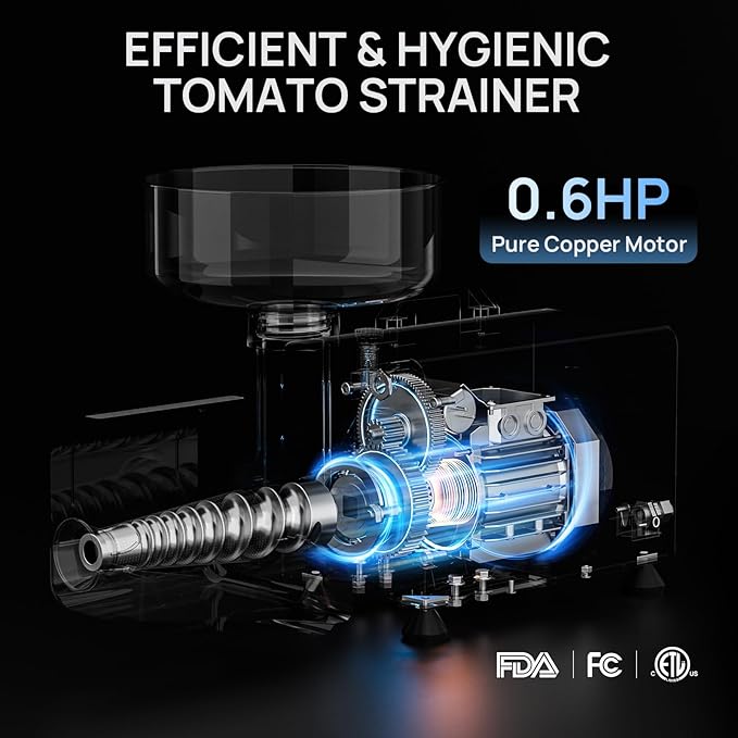 Electric Tomato Strainer 0.6HP Commercial Grade Tomato Sauce Maker Milling Machine with 304 Stainless Steel, Pure Copper Motor, Food Strainer for Jam & Sauce, 110V