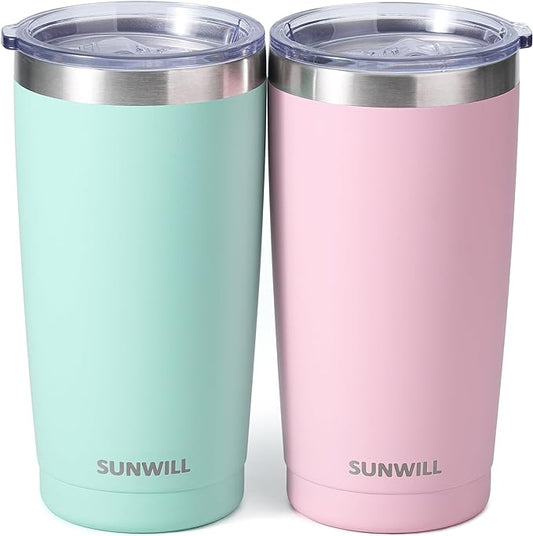 SUNWILL Travel Coffee Mug with Lid, 20 oz Tumbler Set of 2, Insulated Stainless Steel Cup for Water, Tea, Powder Coated Sakura & Mint