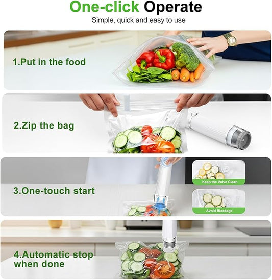Vacuum Sealer for Food (Compact Vacuum Sealer Machine + 40 Reusable Vacuum Bags), Powerful 80Kpa Portable Vacuum Sealer for 10X Preservation & Fresh, Handheld Vacuum Food saver With 2 Seal Clips