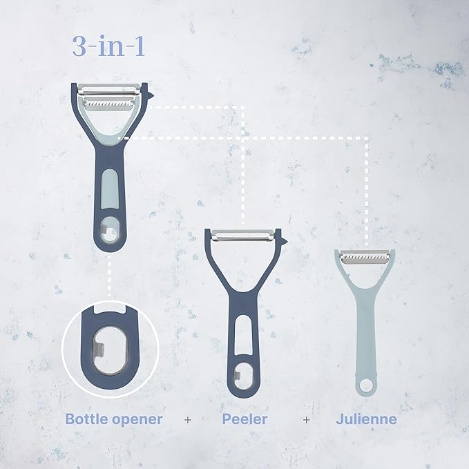 Vegetable Peeler 2-Piece Set – Swivel Cutter and Julienne Peeler with Bottle Opener and Built-in Eye Remover – Stainless Steel Blade with Comfortable Handle – Kitchen Tools & Accessories – Blue