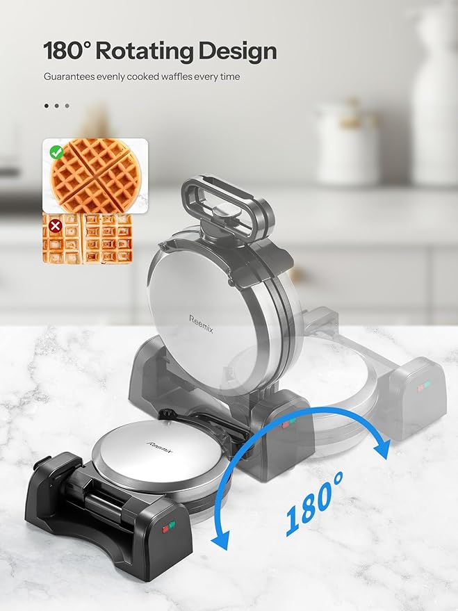 Reemix Waffle Maker, 180° Rotating Belgian Waffle Maker Round Classic Belgian 4-Piece, Evenly Baked | Non-Stick | Fast Preheat, Black+Silver