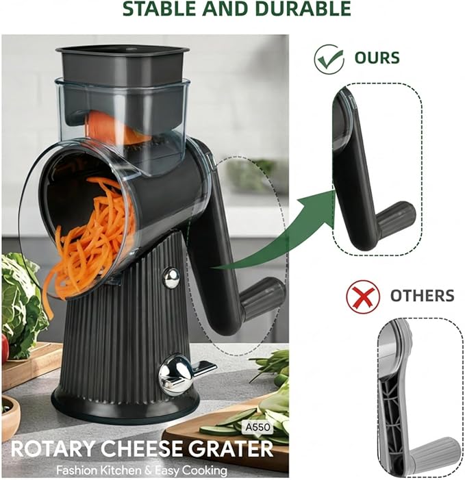 Rotary Cheese Grater with Handle - Vegetable Shredder with 5 Blades & Strong Suction Base, Round Slicer & Food Chopper for Kitchen (Black)