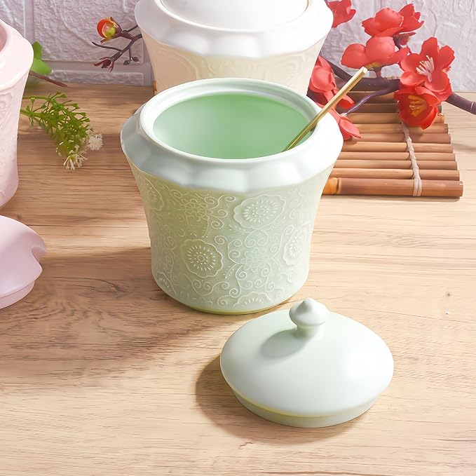 13.5oz Sugar Bowl with Lid and Spoon Green Ceramic Sugar Creamer Container, Sugar Jar, Durable Sugar Pot for Coffee Bar Accessories, Coffee Bar Decor