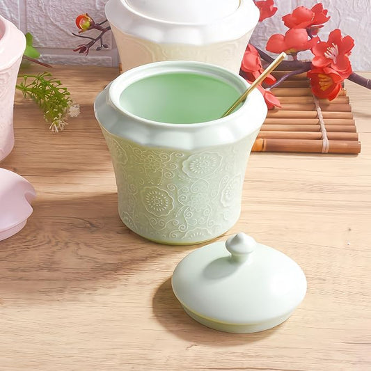 13.5oz Sugar Bowl with Lid and Spoon Green Ceramic Sugar Creamer Container, Sugar Jar, Durable Sugar Pot for Coffee Bar Accessories, Coffee Bar Decor