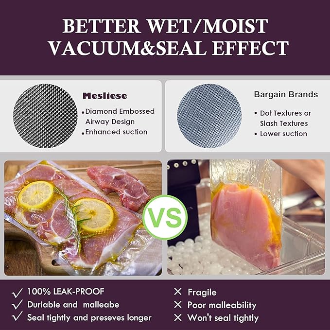 Mesliese Vacuum Sealer Bags Rolls for Custom Fit 11''x16' 3 Pack & 8''x16' 3 Pack Total 96', Heavy-Duty Thick Food Bag, BPA-Free, Freezable, Use for Sous Vide and Storing Raw and Cooked Foods,