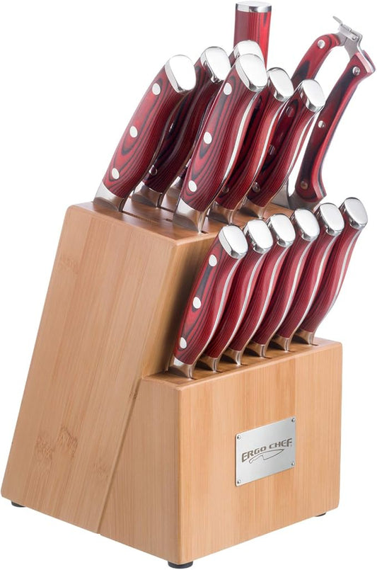 Ergo Chef Crimson Series Bamboo Block Knife Set Forged High Carbon X50CrMoV15 German Stainless-Steel, Full Tang, Durable G10 Handles (15pc. Block Set)